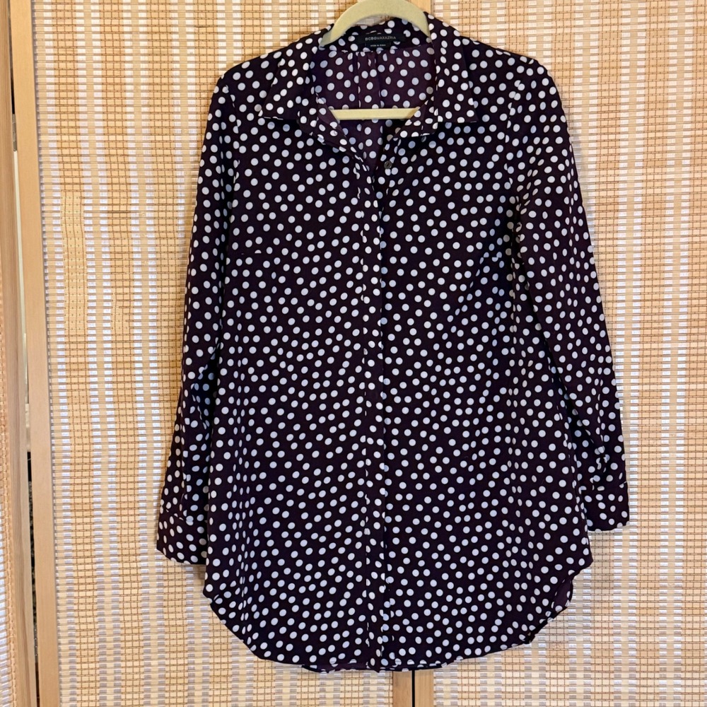 BCBGMAXAZRIA Womens M Plum Purple Polka Dot Long Sleeve Button Down Tunic Blouse